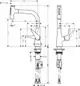 Hansgrohe Spültischmischer mit Ausziehbrause und zwei Strahlarten, gezeichnet in Seitenansicht und Draufsicht, mit Maßangaben und Anschlussdetails.